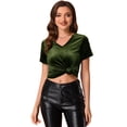 thumbnail image 1 of INSPIRE CHIC Camiseta casual de manga corta con cuello en V y parte superior de terciopelo para mujer Verde oliva XL, 1 of 4