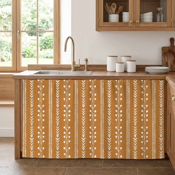 Terracotta Cabinet Curtains for Kitchen 28"Wx51"L, Rustic Vertical Dashed Lines Shabby Chic Leaf Cottagecore Under Sink Skirt Magic Tape Short Curtain Decor Privacy Panel for Pantry Cabinet Opening