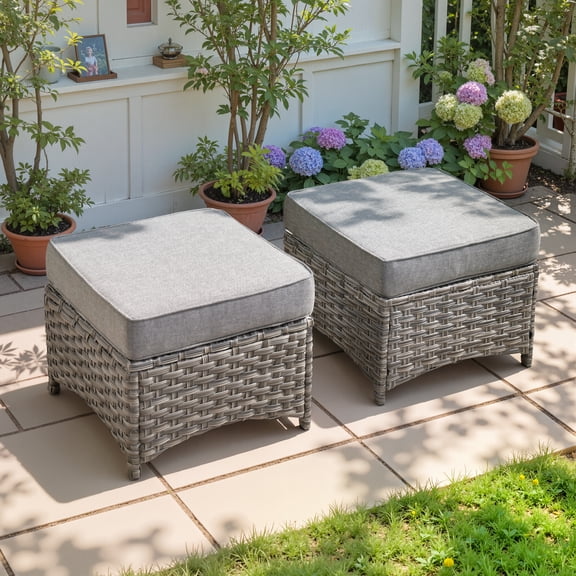 Ovios Outdoor Patio Ottoman with Cushion Wicker Coffee Table Extra Seat for Garden, Backyard, Porch, or Balcony