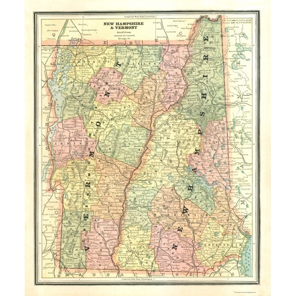 Historic State Map - New Hampshire Vermont - Cram 1886 - Vintage Wall Art