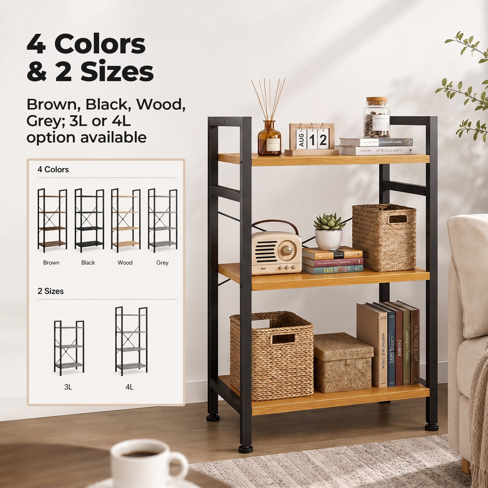 Alvantor 3/4-Tier Industrial Bookshelf, Narrow Storage Rack classical-style shelves for living rooms, homes, and offices