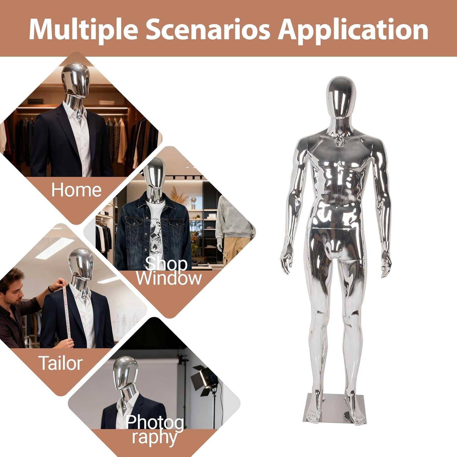 Kinbor 6Ft Silver Full Body Male Mannequin - Tall Male Mannequin with Stable Metal Base Dress Form Display with Adjustable Head and Arms, Detachable Manikins