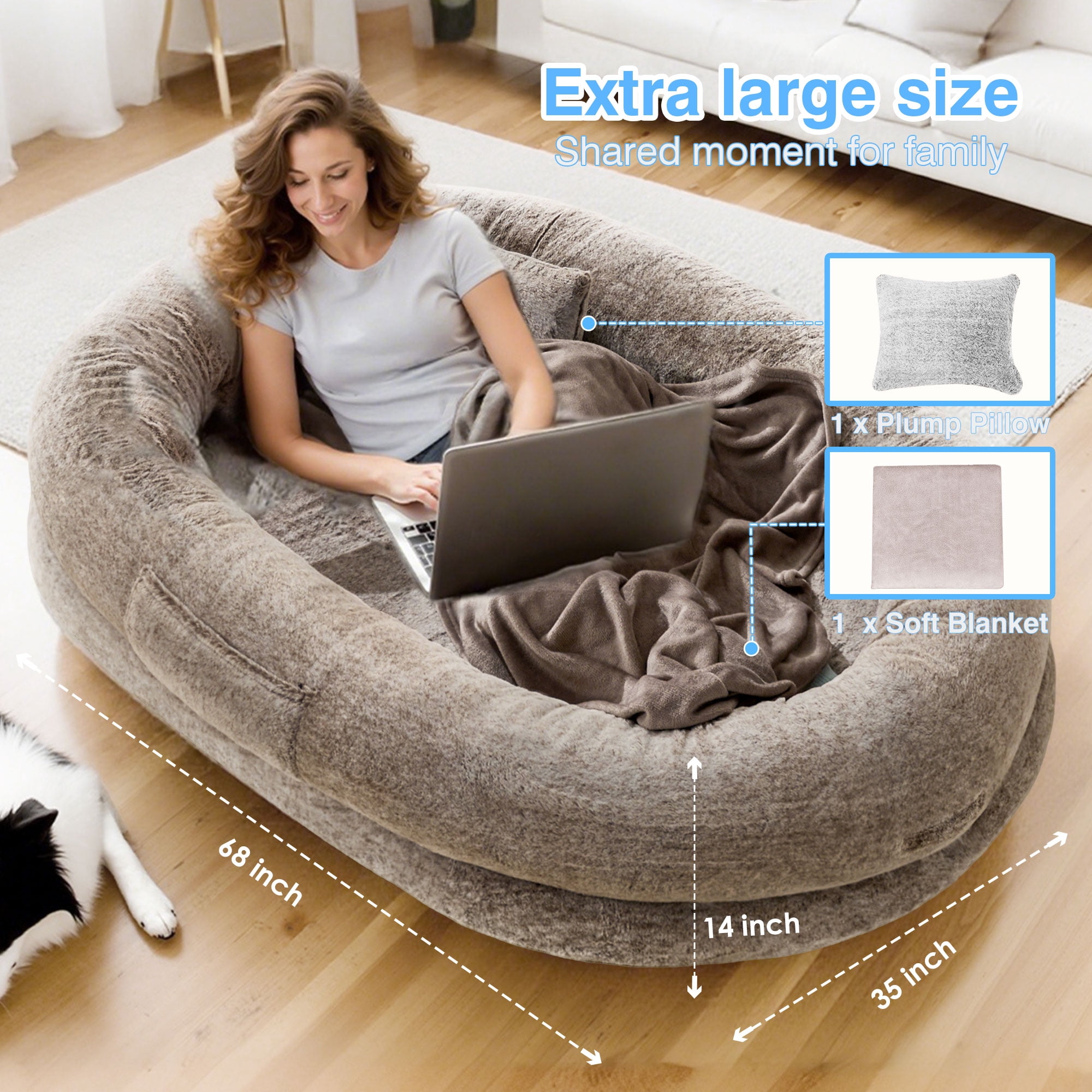 Extra Large Human Dog Bed for Adults & Pets, Faux Fur Orthopedic Lounger with Pillow & Blanket, Washable Nap Bed, Perfect Gift for Pet Lovers (68'' x 35'' x 14'')
