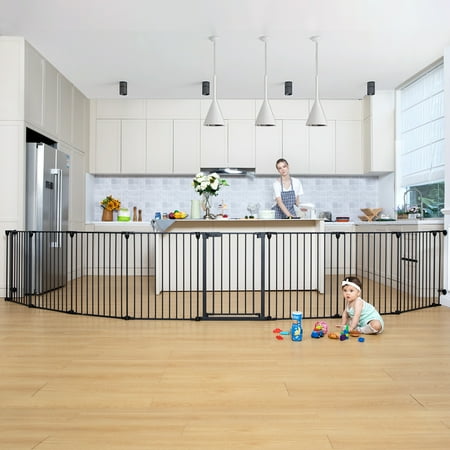 8Panel 198" Extra Wide 30" Tall Baby Gates Fireplace Fence Toddler Playard, Black