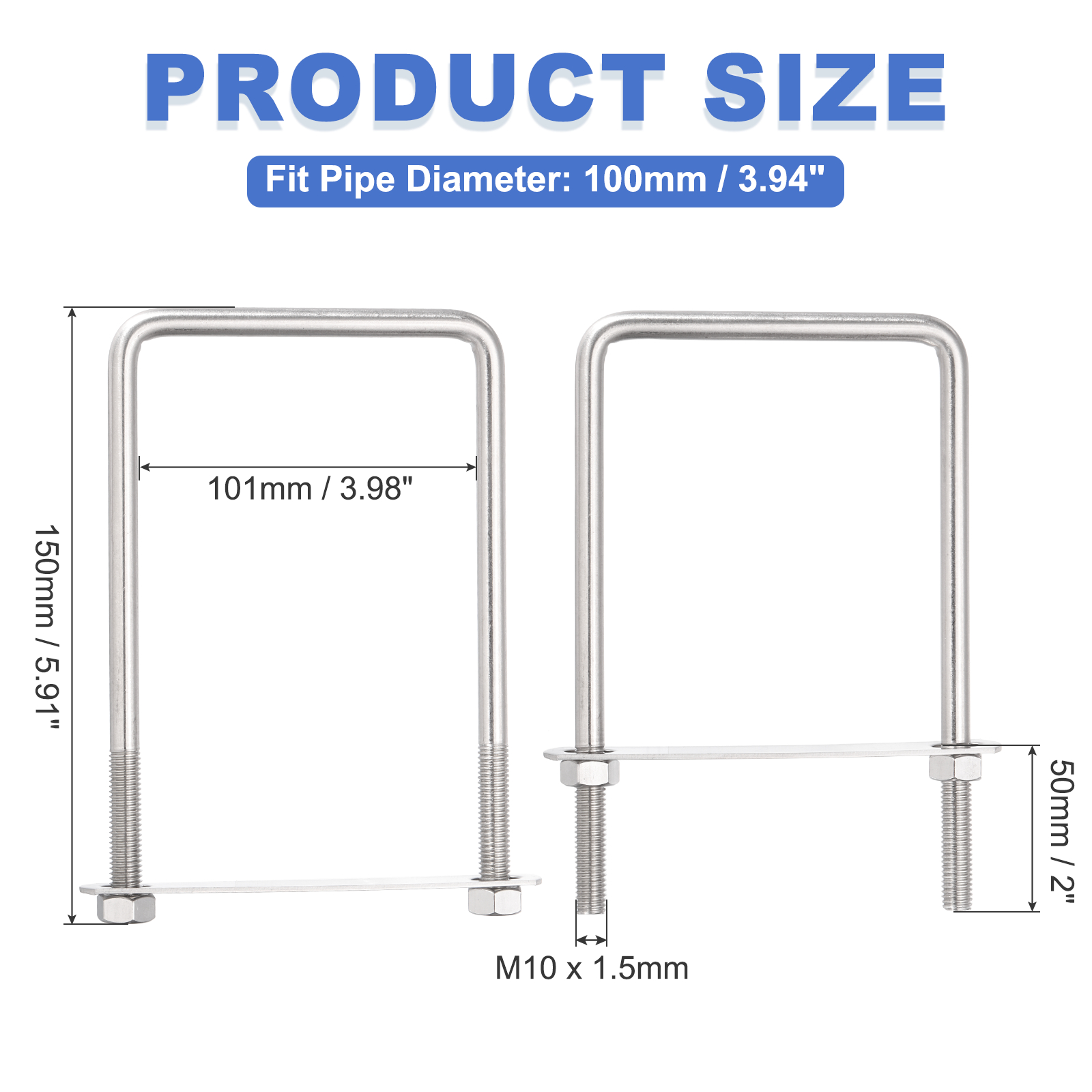 Uxcell 2 Sets M10 Square U-Bolts, 3.98" Inner Width 5.91" Length 304 Stainless Steel U Clamp Bolts with Nuts, Plates and Wrench
