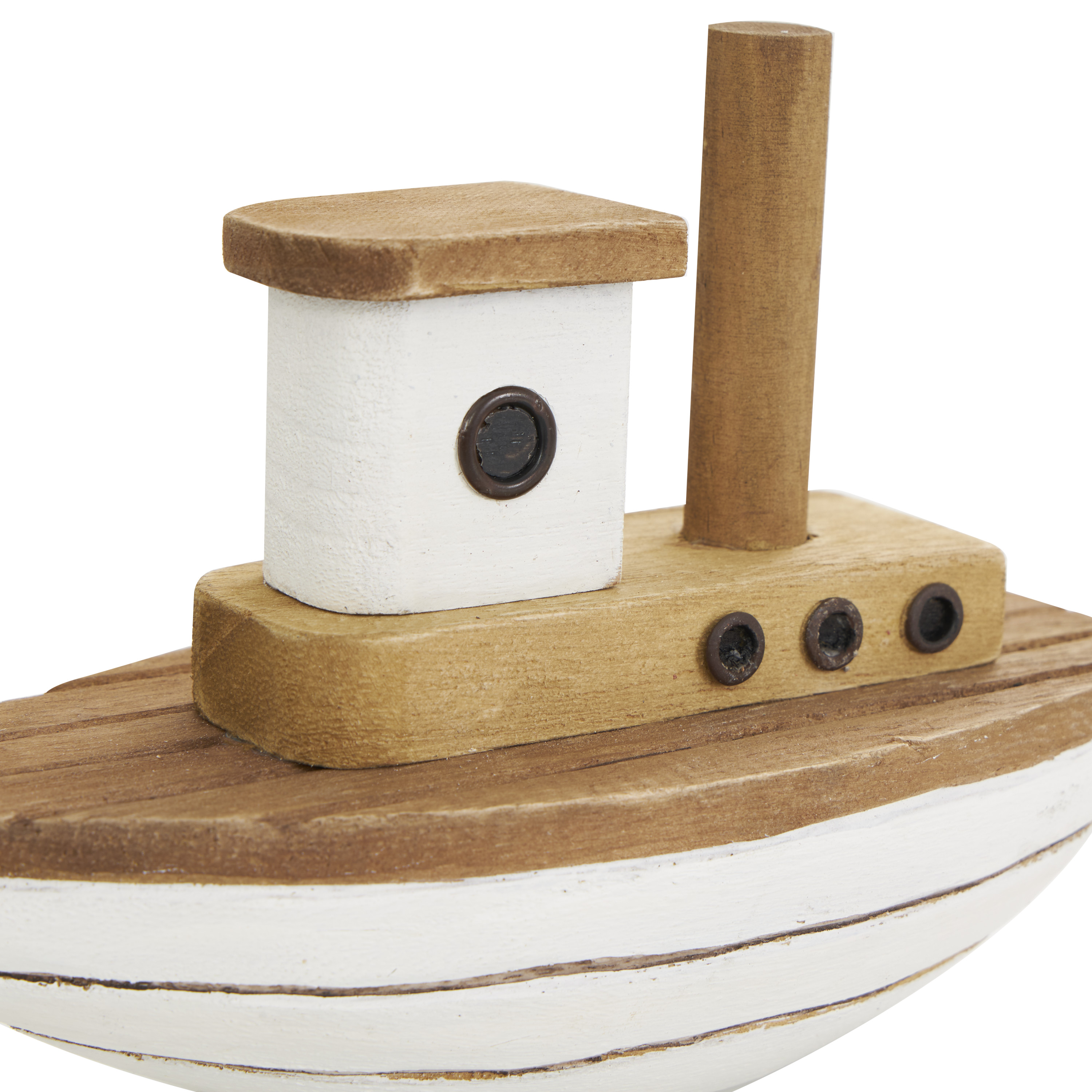 6", 5", 4"H Brown Wood Handmade Boat Sculpture with White Accents, by DecMode (3 Count)