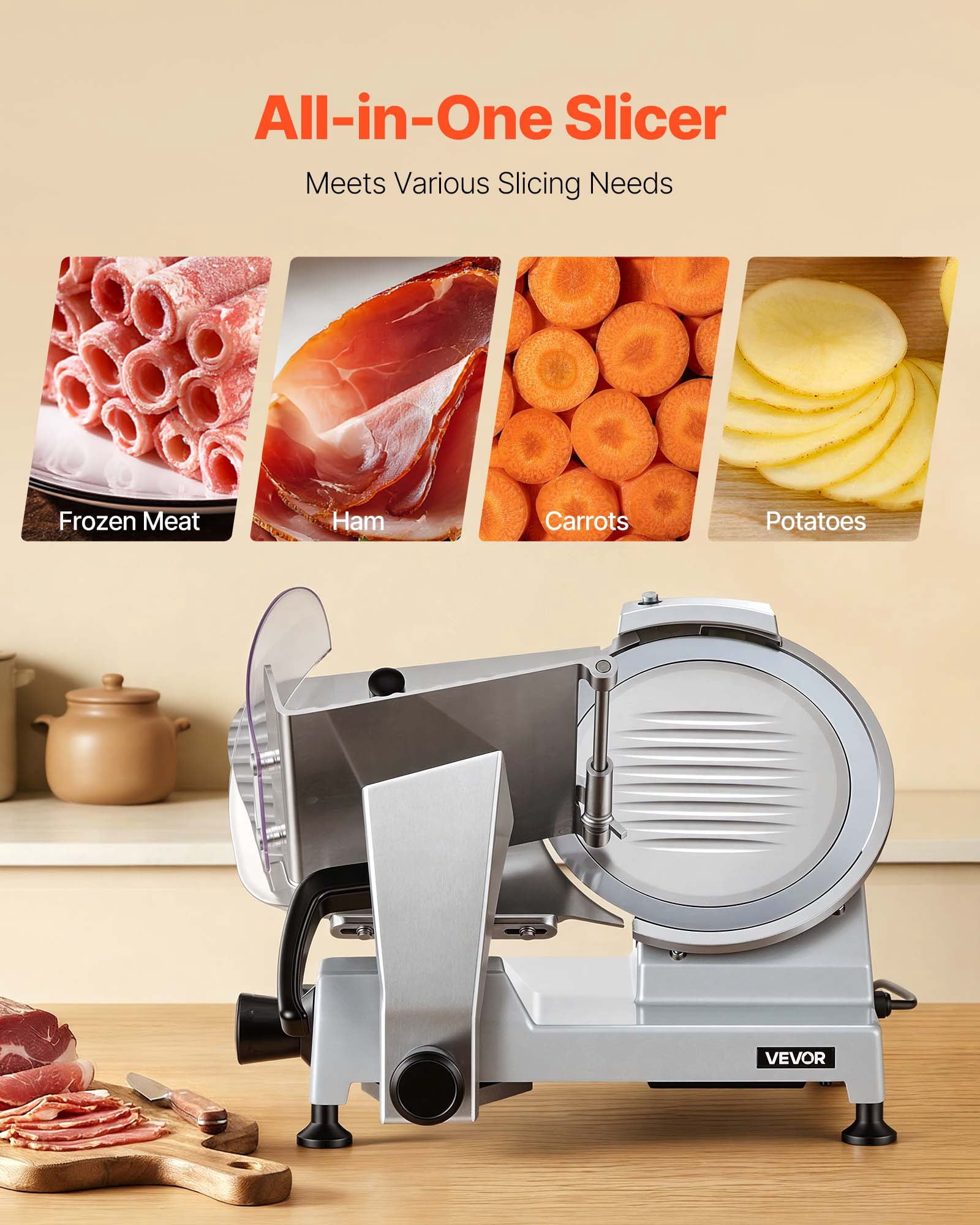 VEVOR 10" Commercial Meat Slicer, 240W Electric Deli Food Slicer with Carbon Steel Blade, Built-In Sharpener & 0-0.47" Adjustable Thickness for Frozen Meat, Ham, Baguett, Steak, UL Approved