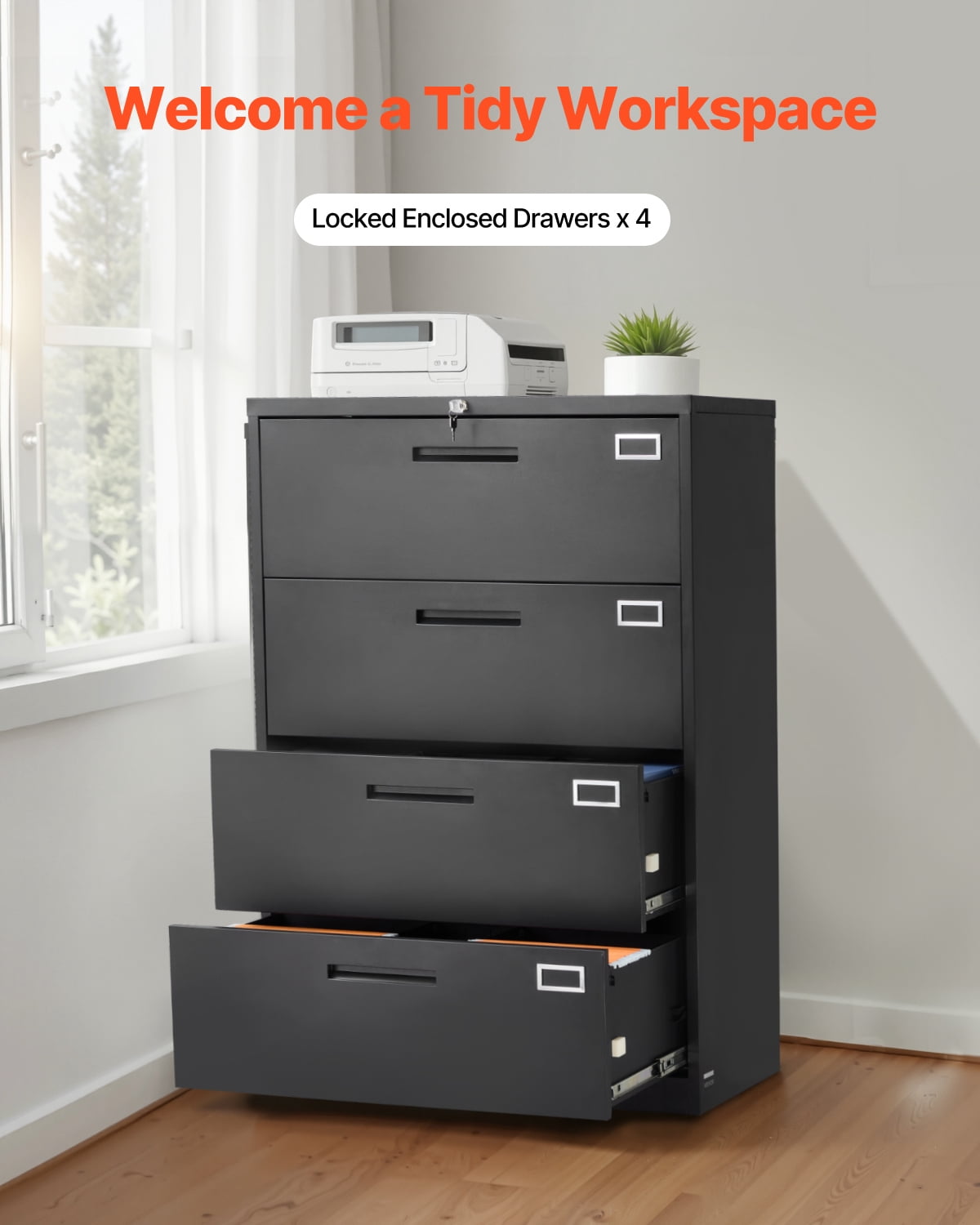 VEVOR 4 Drawers Metal File Cabinet, Vertical Filing Cabinet with Lock and Adjustable Hanging Rod, Tall Filing Storage Cabinets for Home and Office Fit Letter,A4,Legal Size File,Easy Assembly,Black