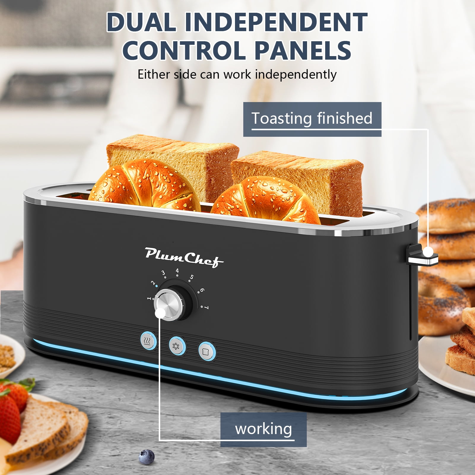 Plum Chef Toaster 4 Slice, Extra Long Slots 4 Slice Toaster, Reheat/Defrost/Cancel Function 6 Browning Settings Auto Pop-up Removable Crumb Tray