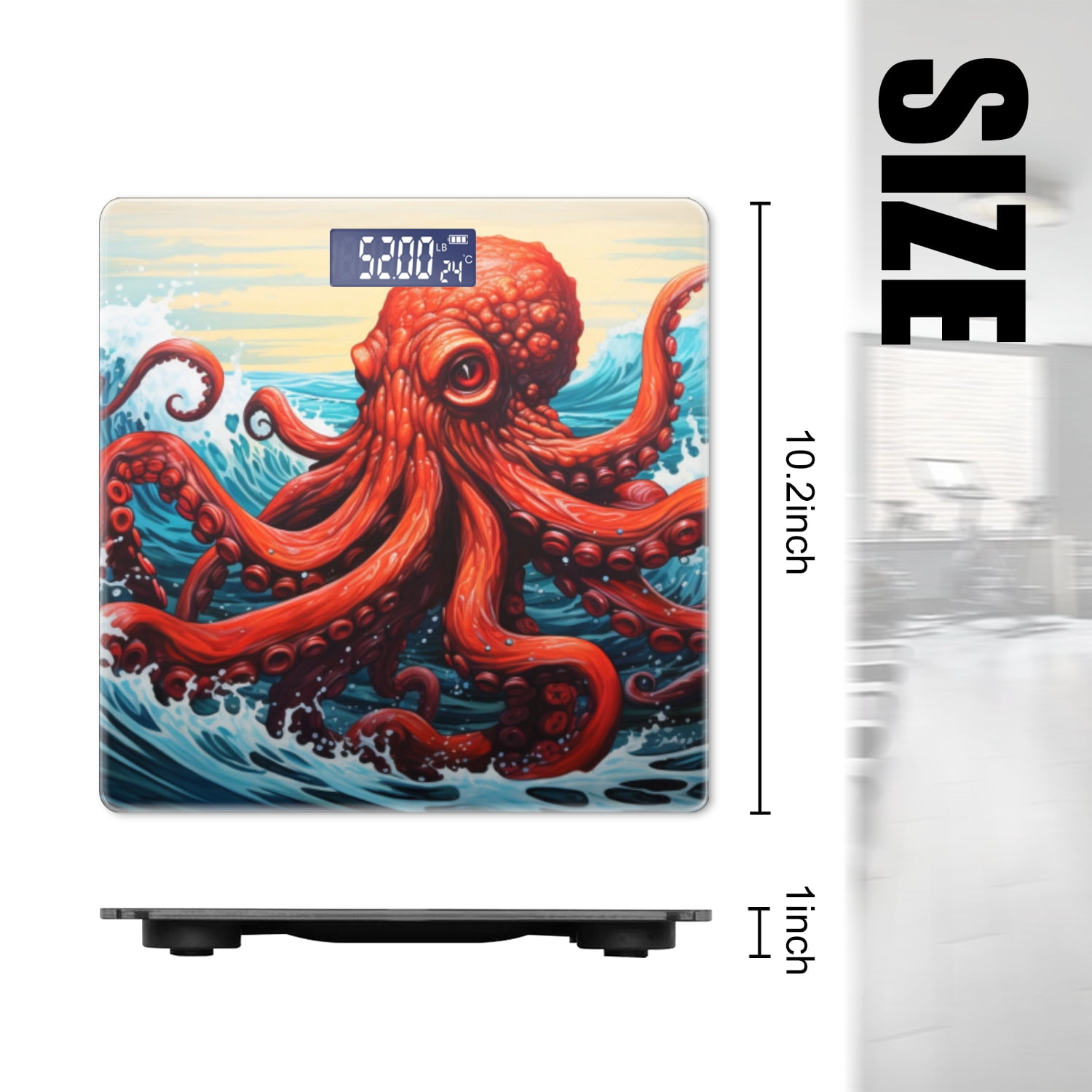 High Precision Body Weight Scale Smart Bathroom Scales with Large LCD Display(400lbs),Decorative for Bedroom-Red Octopus With Giant Waves In The Background