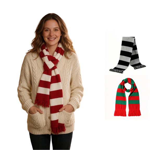 AWZXDE Christmas Striped Knit Scarf Tassel End Warm Neck Wrap Classic Color Block Holiday Scarf for Winter Party And Daily Outfit