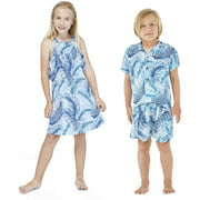 Matching Boy and Girl Siblings Hawaiian Luau Outfits in Neon Sunset