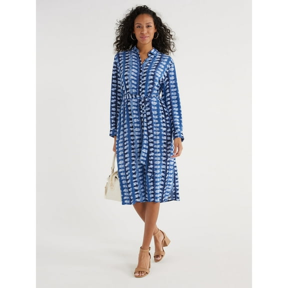 Women’s Button Front Shirt Dress with Long Sleeves, Size L Blue