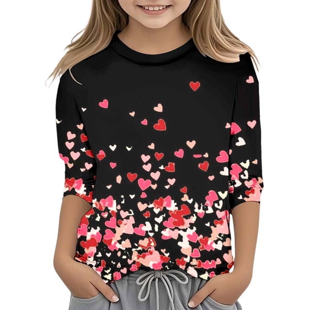 Haut Thermique pour Filles Imprimé de la Saint-Valentin Mode Fonctionnel Col Rond Manches 3/4 T-Shirt Décontracté