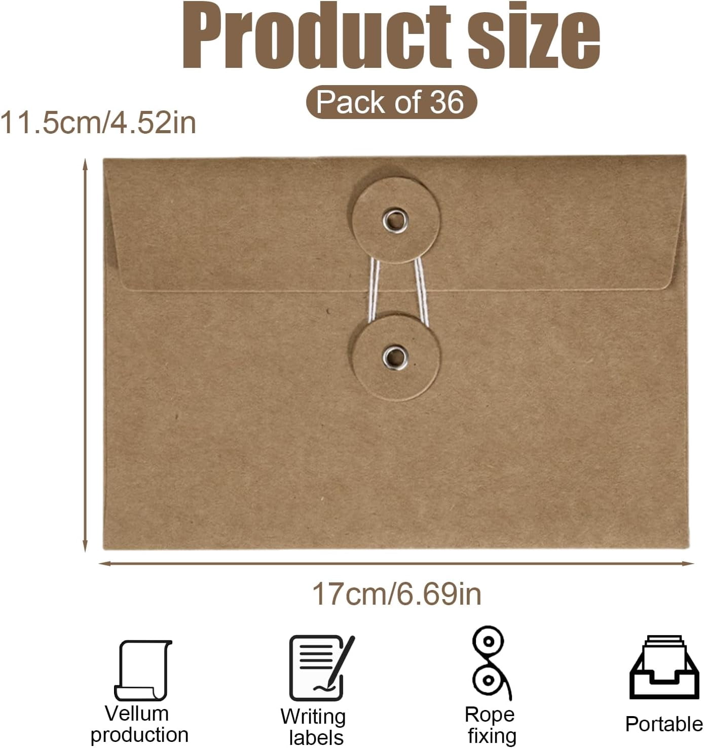 36 Pcs Brown Envelopes 6"x4" with Button and String Closure, String Tie Craft Envelopes, Decorative Vintage Envelopes Pockets for Letters Postcard Greeting Card Invitations (36)