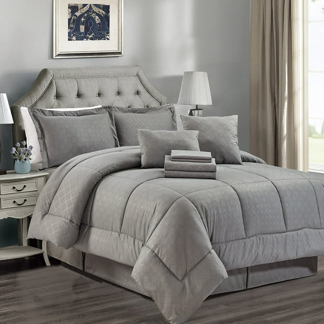 JML Gray King Comforter Set - 10 Pieces Bedding Set Bed in a Bag with Comforters, Sheets, Bed Skirt, Decorative Pillows, Pillowcases & Shams