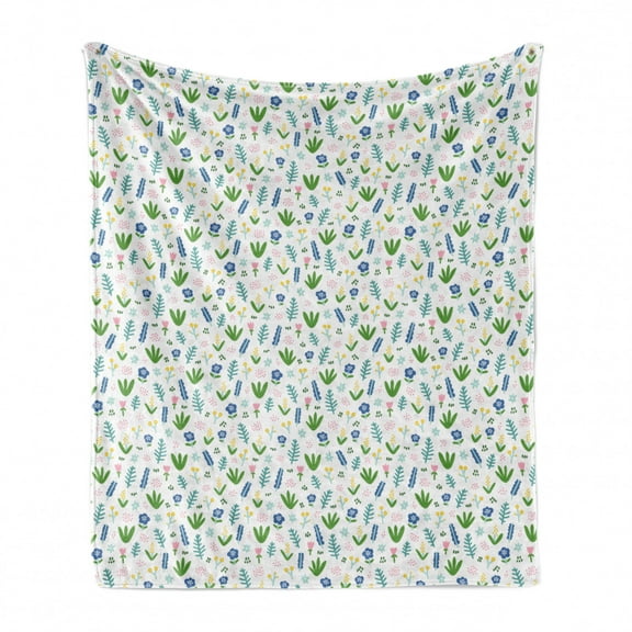 Botanic Soft Flannel Fleece Blanket, Pastel Blossom Branches Little Tulip Petals Along Leaves and Herbs, Cozy Plush for Indoor and Outdoor Use, 50" x 70", Green Violet Blue and Pink, by Ambesonne