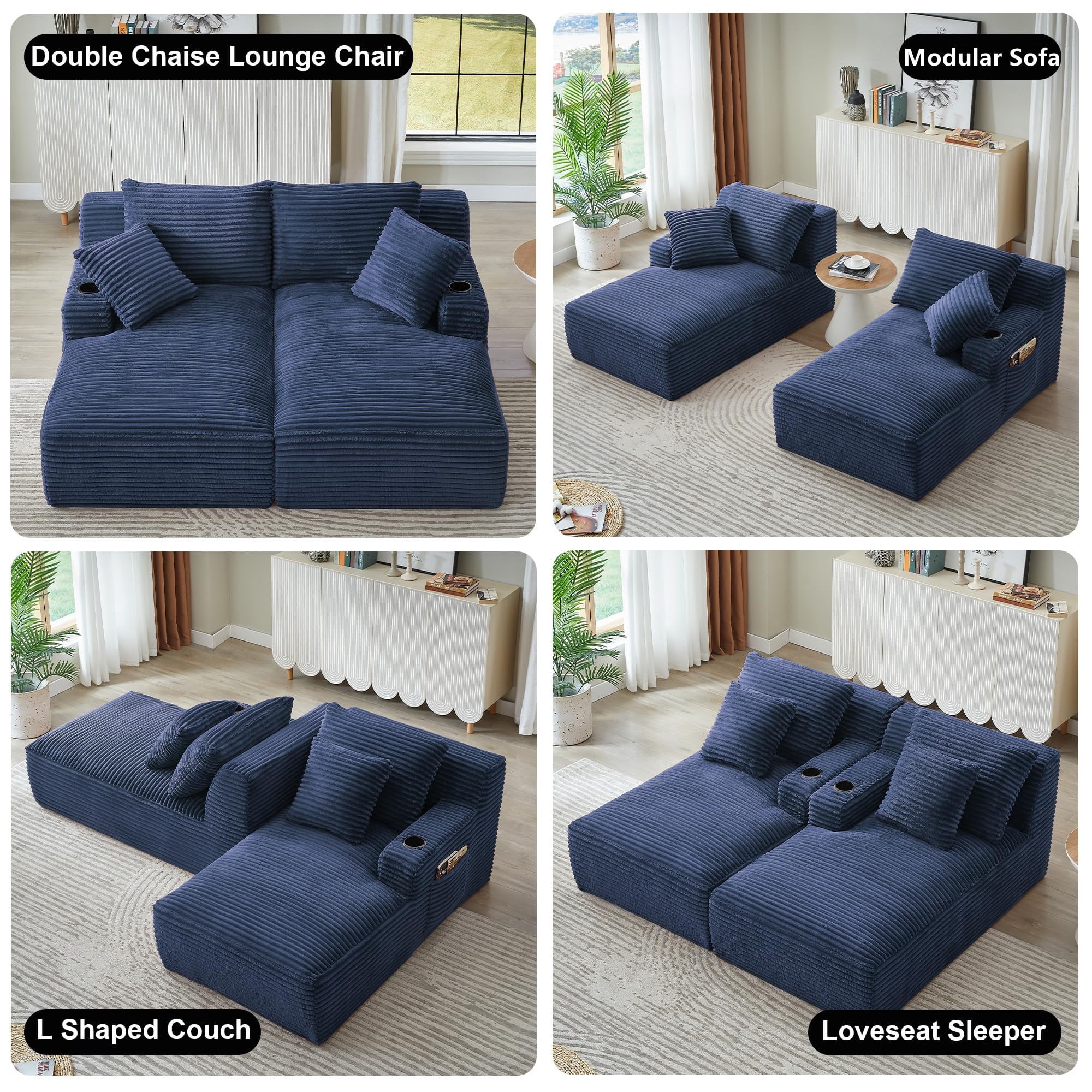 Aukfa Oversized Double Chaise Lounge Modular Boneless Couch for Living Room, 2 Cup Holders, 4 Pillows, Corduroy, Blue