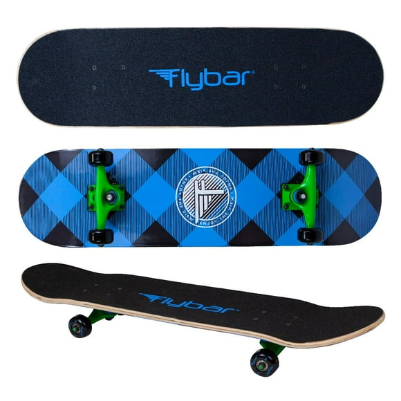 Flybar Complete Skateboard for Beginners - 31 Inch Kids Skateboard, 7 Ply Maple Wood Concave Double Kick Skateboard Deck, Lightweight, Non-Slip, for Boys and Girls, Ages 6 and Up Blue Plaid