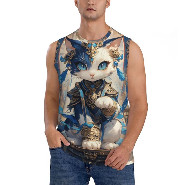 Fotbe Exotic Blue Cat Men's Camiseta sin Mangas Estampada para Hombres, Playera Casual para Gimnasio, Entrenamiento, Playa-Large