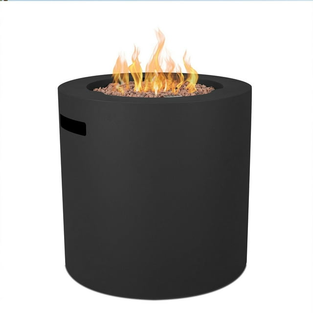 Aegean 24-inch round black steel propane fire pit table with hidden tank, featuring burning flames over lava rocks.