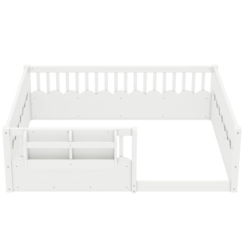Full Size Floor Bed with Heightened Fence, Kids Platform Bed Frame with No Slat, Montessori Storage Bed with Bookshelf