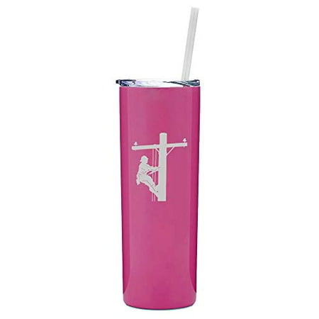 

20 oz Skinny Tall Tumbler Stainless Steel Vacuum Insulated Travel Mug With Straw Lineman Electric Pole Climber (Hot Pink)
