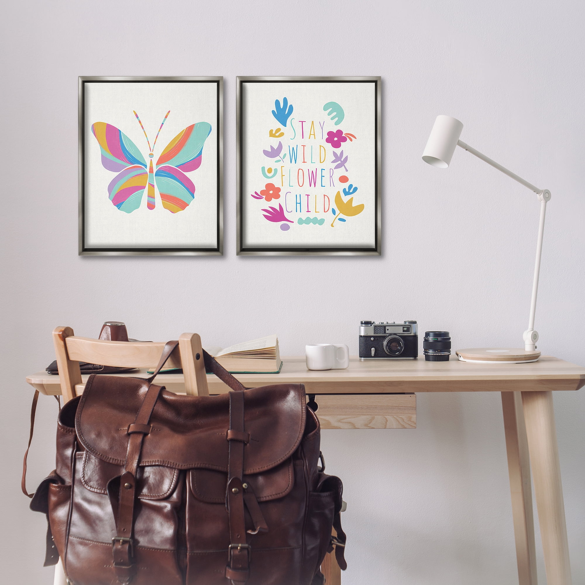 Stupell Industries Stay Wild Butterfly Text & Numbers Painting Gray Floater Framed Canvas Art Print Wall Art, 17 x 21, Set of 2
