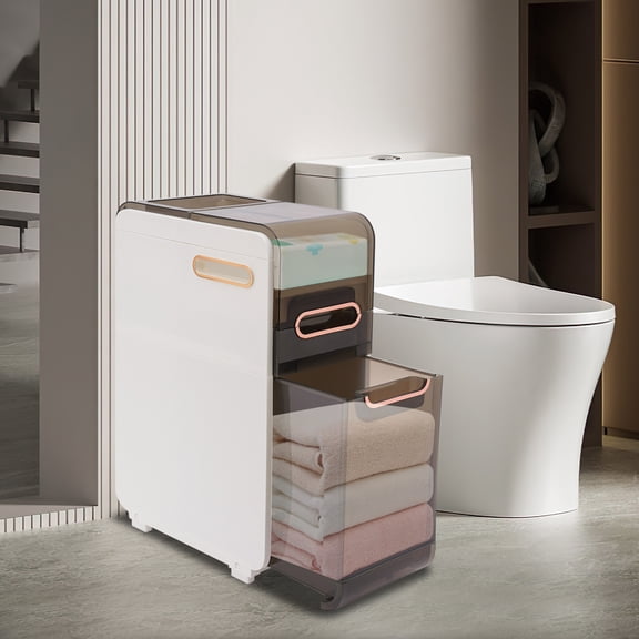 Slim Floor Standing Cabinet, 8.66in Wide, 2-Drawer White, Easy Move with 2 Casters, Small Footprint for Tight Spaces in Bathroom, Kitchen