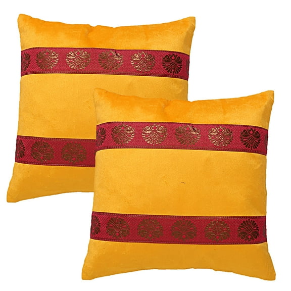 Stylo Culture Ethnic Sofa Throw Pillow Covers Brocade 16 x 16 Jacquard Yellow Zippered 40cm x 40cm Lounge Decor Satin Velvet Floral Square Cushion Covers | Set Of 2