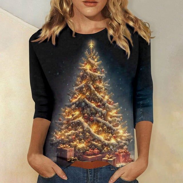 Aqestyerly Grande Taille Noël Top Femmes de la Mode Trois Quarts Manches Rétro Col Rond Pâques Imprimé en Vrac Tops Blouse