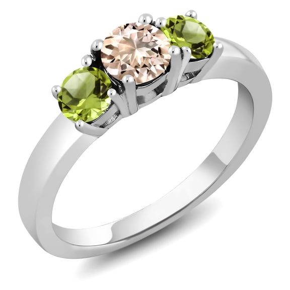 Gem Stone King 1.00 Ct Round Peach Morganite Green Peridot 925 Sterling Silver Ring (Size 9)