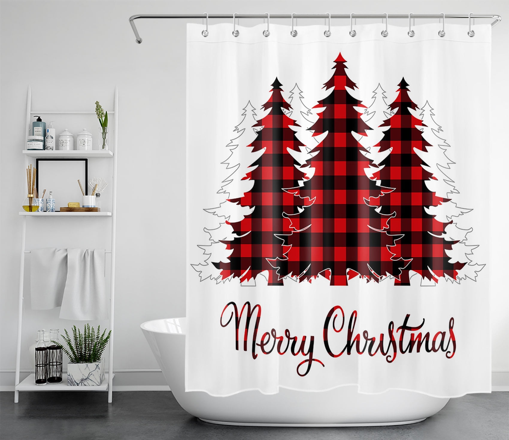HVEST Merry Christmas Shower Curtain,Red and Black Checkered Xmas Tree Bathroom Shower Curtain with Hooks Winter Rustic Polyester Waterproof Fabric Bath Decor Accessories 60x72 Inches