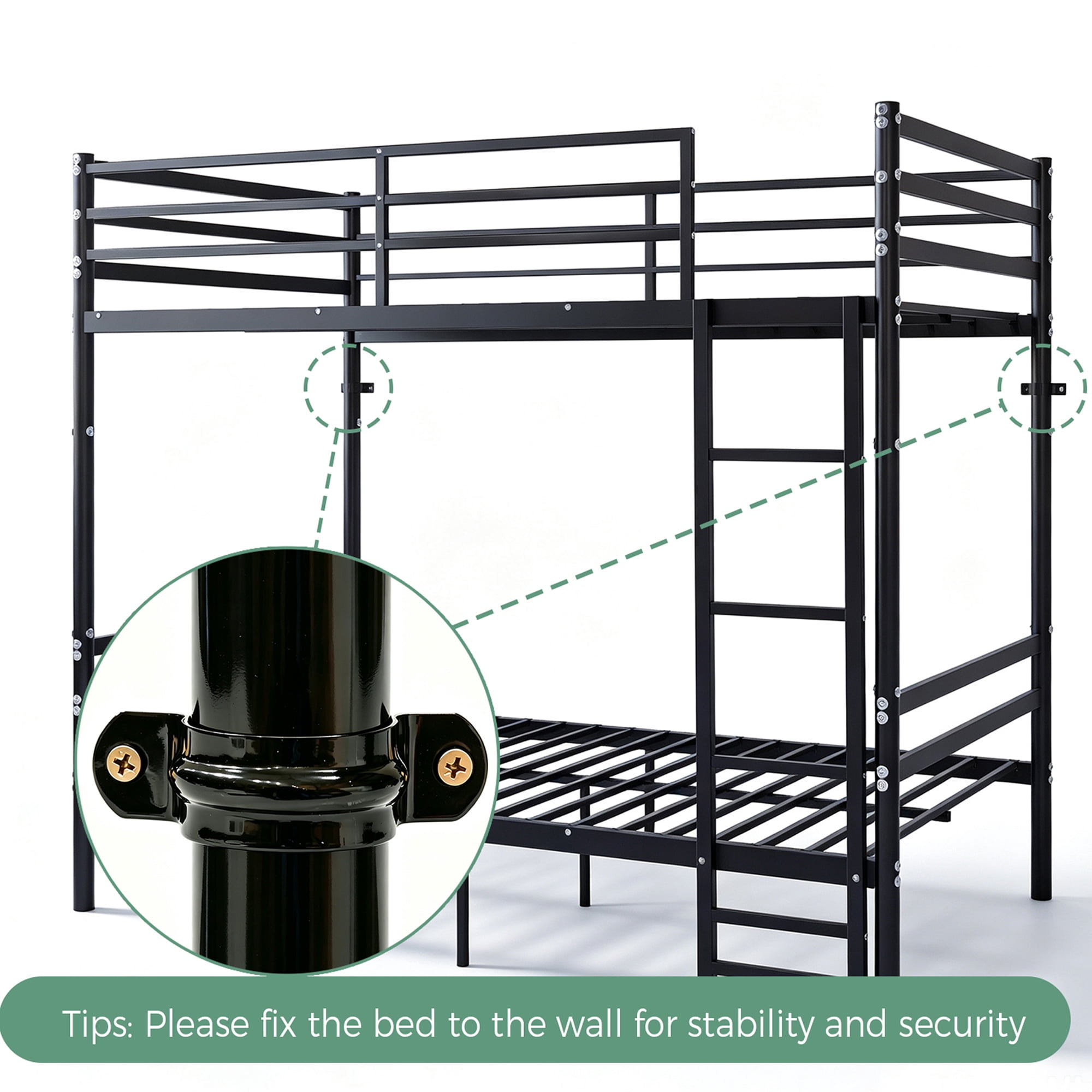Twin Over Twin Metal Bunk Bed with High Guardrail & Ladder, Noise Free with Storage Space