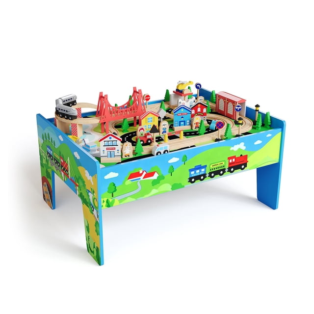 Table de Train d'Activités en Bois pour Enfants, Ensemble de 84 Pcs avec Rails et Tiroir, Dessus Réversible, Bois Naturel, 3 Ans et Plus