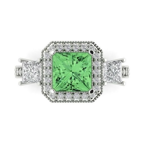 Three-Stone Engagement Ring for Women - 3.005ct Simulated Green Diamond in 18K White Gold Promise Ring