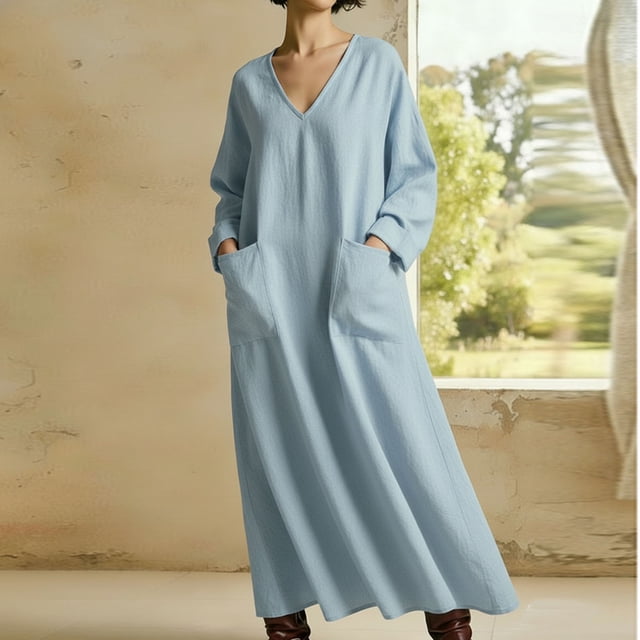 TaTaai Women's Long Sleeve Collared Relaxed Fit Maxi Dress Linen Blend Lightweight Dress with Patch Pockets Casual Long Dress for Vacation Outings Gift