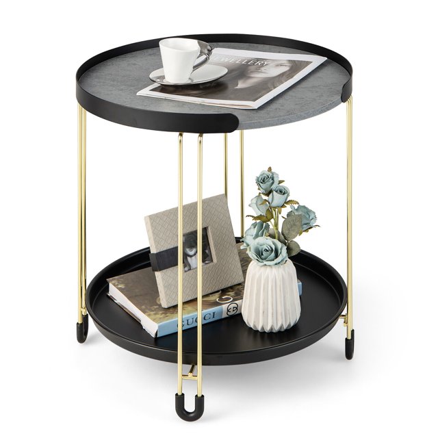 Gymax Table d'Appoint à 2 Niveaux Ronde Table de Bout Cadre Doré pour Salon Chambre