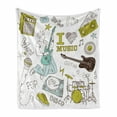 thumbnail image 1 of Popstar Party Soft Flannel Fleece Blanket, I Love Music Themed Sketch Composition Instruments Musician Girl, Cozy Plush for Indoor and Outdoor Use, 60" x 80", Khaki Pale Blue Brown, by Ambesonne, 1 of 6