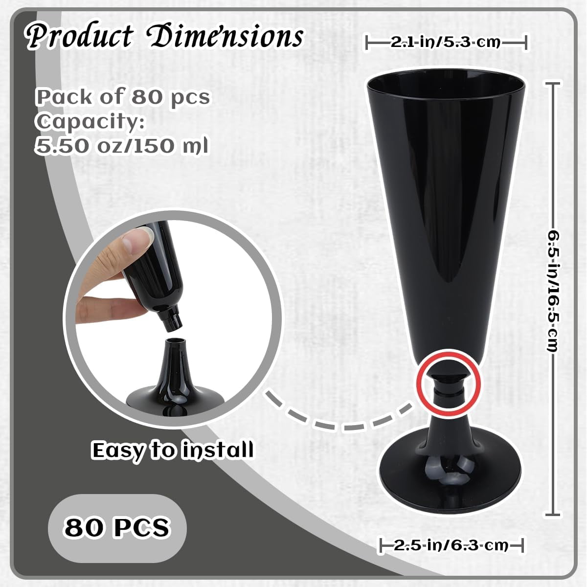 80 Pack Black Champagne Flutes,Plastic Disposable Champagne Flutes Bulk 5.5 oz Champagne Glasses,Black Wine Glasses Suitable for Wedding,Birthday and Graduation Decorations