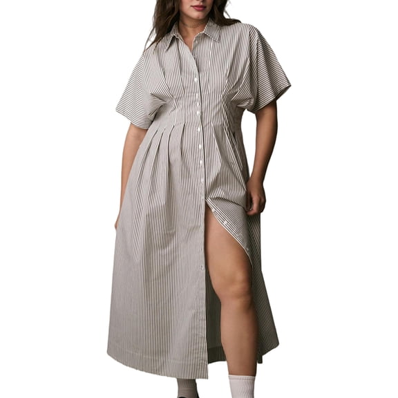 Striped Button Pleated Shirt Maxi Dress for Women Short Sleeve Collar V Neck Corset Long Dress Black & White L