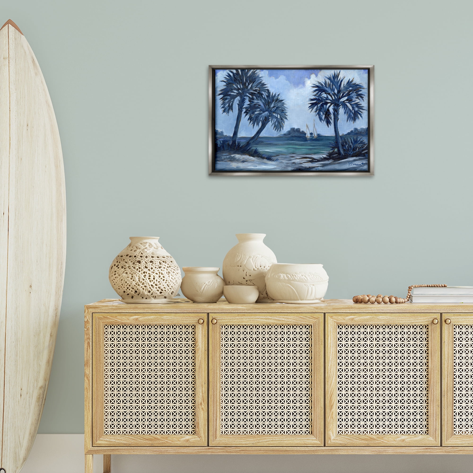 Stupell Industries Indigo Palms Impressions Landscape Painting Gray Floater Framed Canvas Art Print Wall Art, 25 x 17
