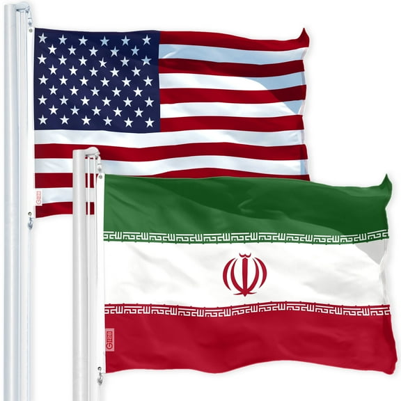 G128 Combo Pack: USA American Flag 3x5 Ft 150D Printed Stars & Iran (Iranian) Flag 3x5 Ft 150D Printed