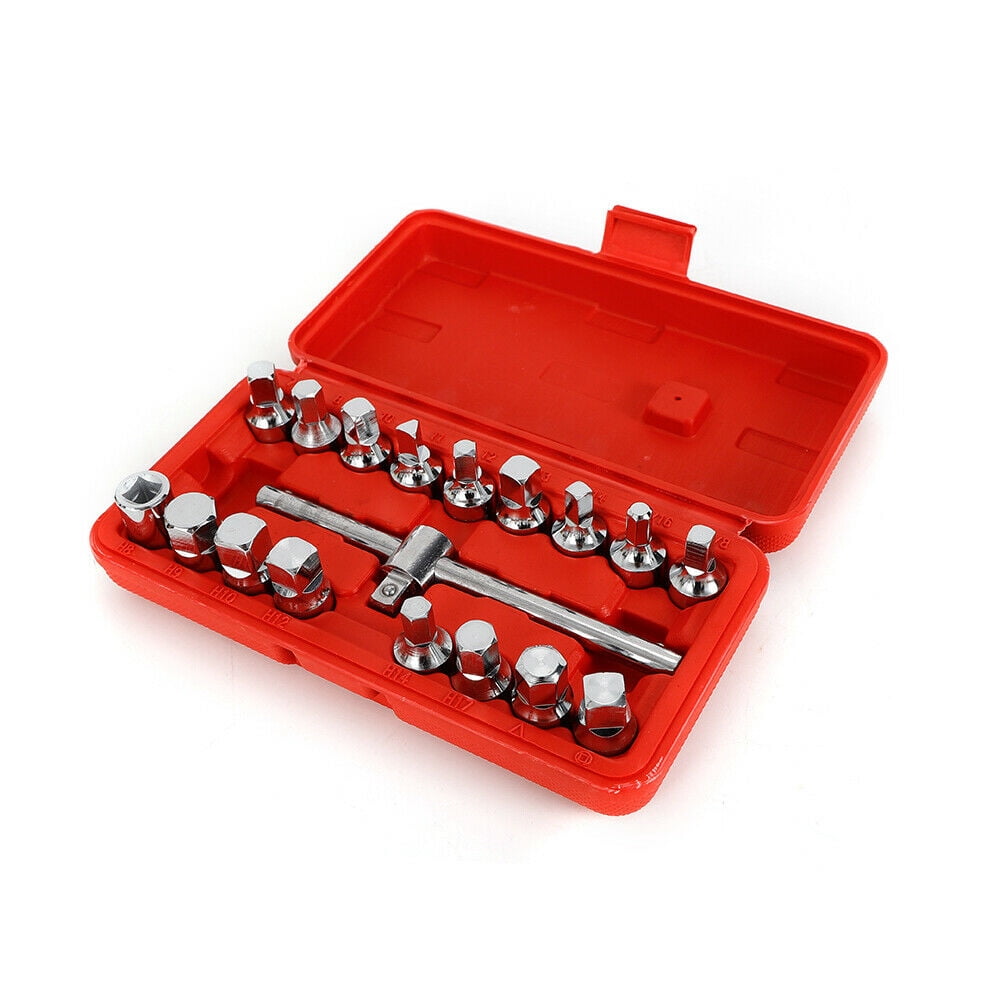 18PCS Oil Drain Pipe Plug Hexagon Square Socket Key Removal Tool Set 3/8'' Drive