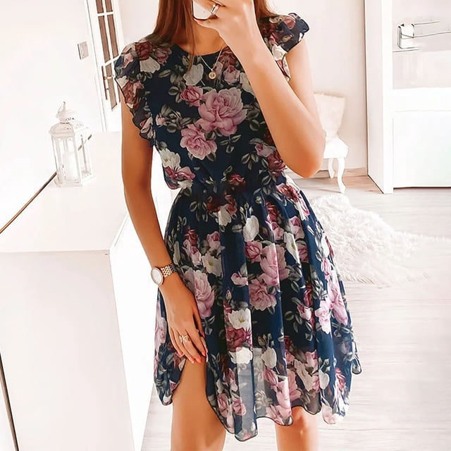 EGNMCR Robes d'Été Femmes Tendance 2024 Mode Féminine Bohème Col Rond Ample Manches Courtes Imprimé Robe Longue