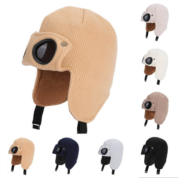 Cethrio Kids Boys Knitted Hats, Thermal Soft Stretchy Outdoor Winter Hats with Earflap Khaki Size 6-13 T