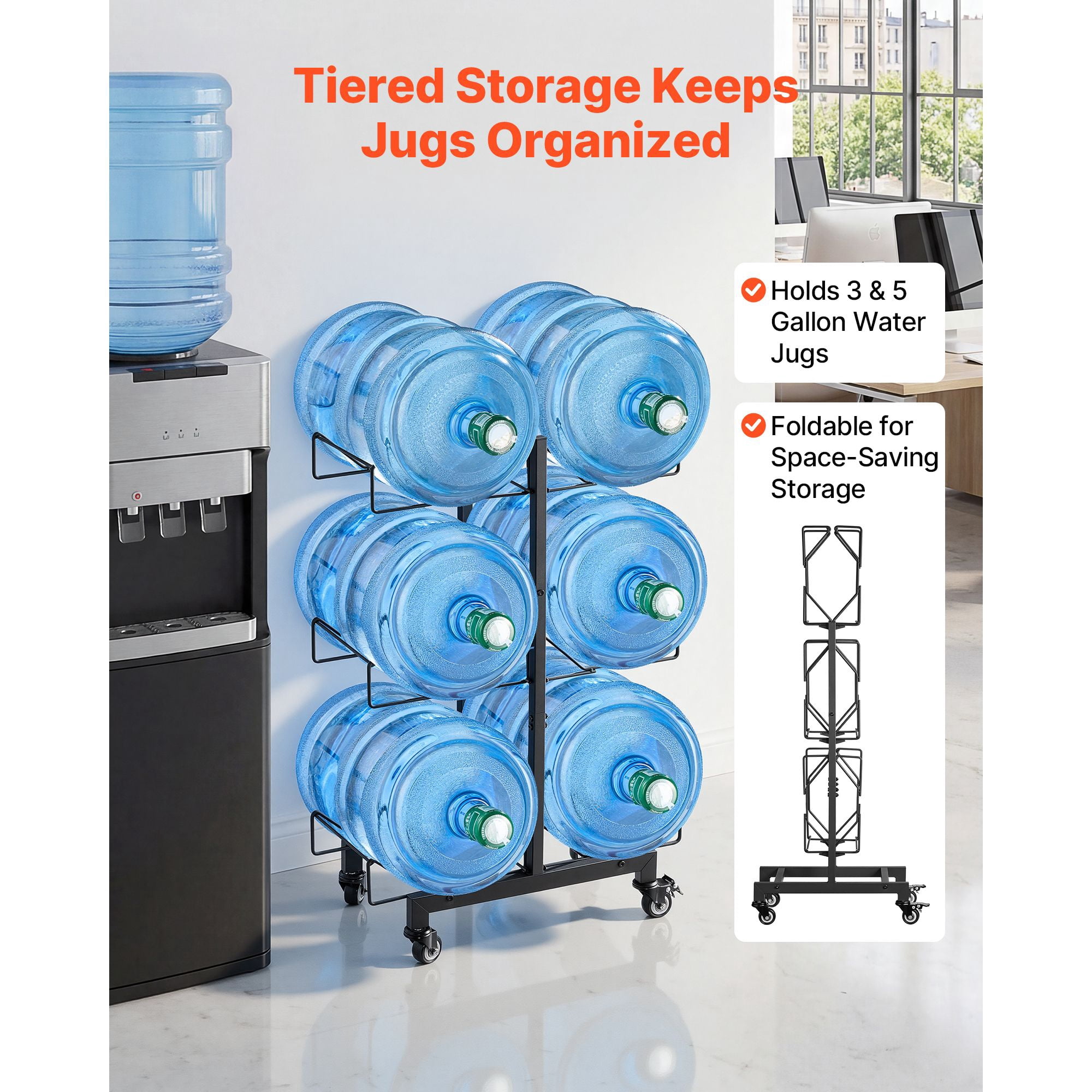 Water Jug Holder, 3 Tiers Double Rows 3 and 5 Gallon Water Bottle Holder for 6 Bottles, Heavy Duty Jug Rack Organizer with Casters and Handles, Foldable for Kitchen, Office, Living Room, Black