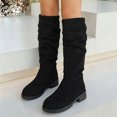 thumbnail image 2 of PFWOWB Girls Slouchy Knee-High Boots Faux Suede Pull-On Tall Boots with Low Block Heel (Black,3.5), 2 of 4