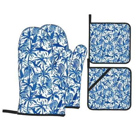 

Oven Mitts and Pot Holders 4 Piece Palm Tree Shark Blue High Heat Slip Resistant Oven Mitt and Trivets Set Kitchen Oven Glove Pot Holders for Cooking Baking Grilling