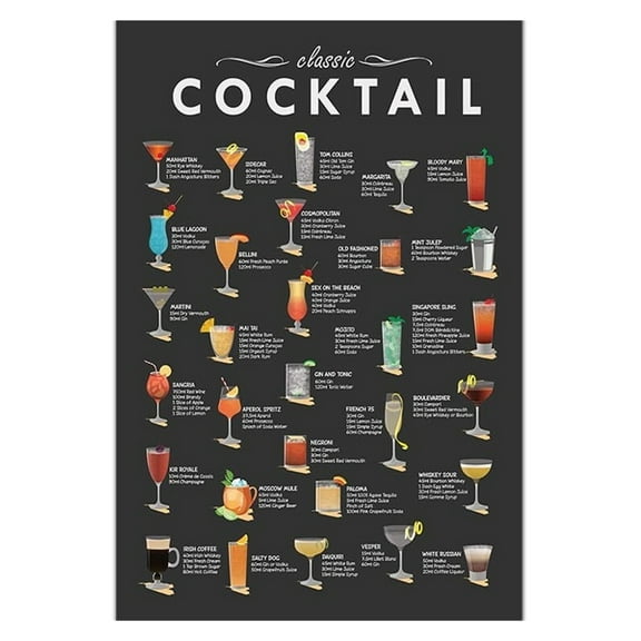 Classic Cocktail Canvas Hanging Poster Cocktail Recipe Mixology Art Prints, Cocktail Menu Guide Canvas Print, Bar Cart Decor, Cocktails Poster